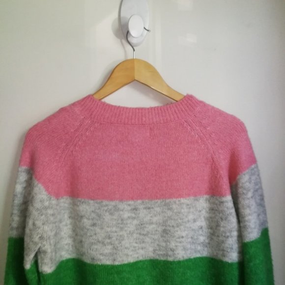 Medium ONLY Oversized Color Block Stripes Wool Crewneck Chunky Knit Sweater - Picture 5 of 12